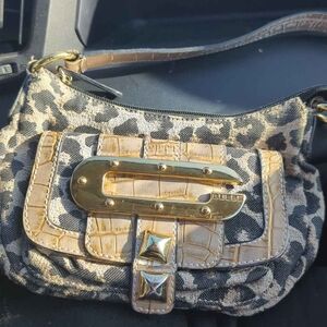 GUESS Leopard Print Mini Shoulder Bag with Tan Croc Trim and Gold Hardware